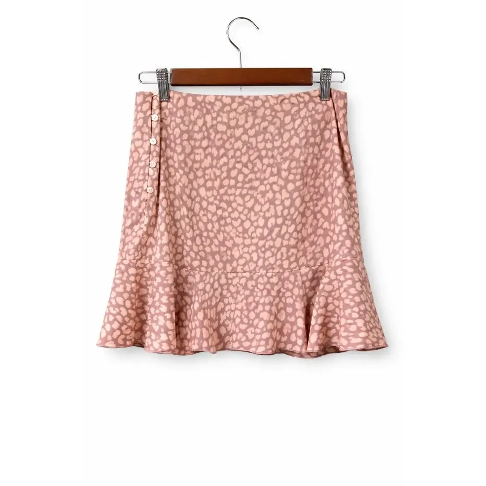 Intimately‎ Free People Pink Leopard Ruffle Hem Mini Skirt Boho Y2K 30 Waist
